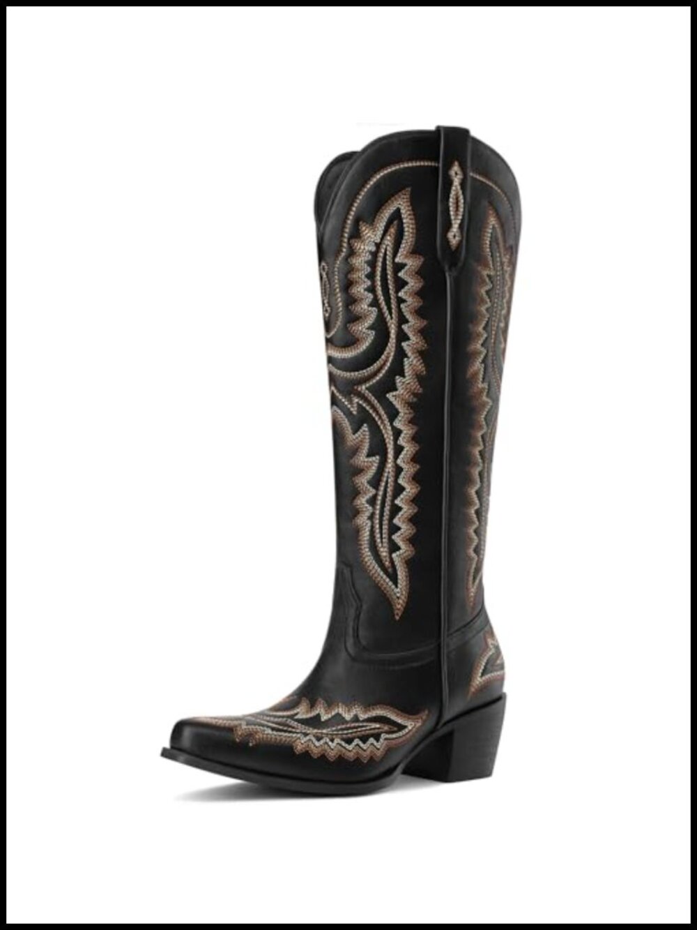 Western Cowgirl Knee High Boots Pointed Toe Embroidery Side Zip Chunky Heel